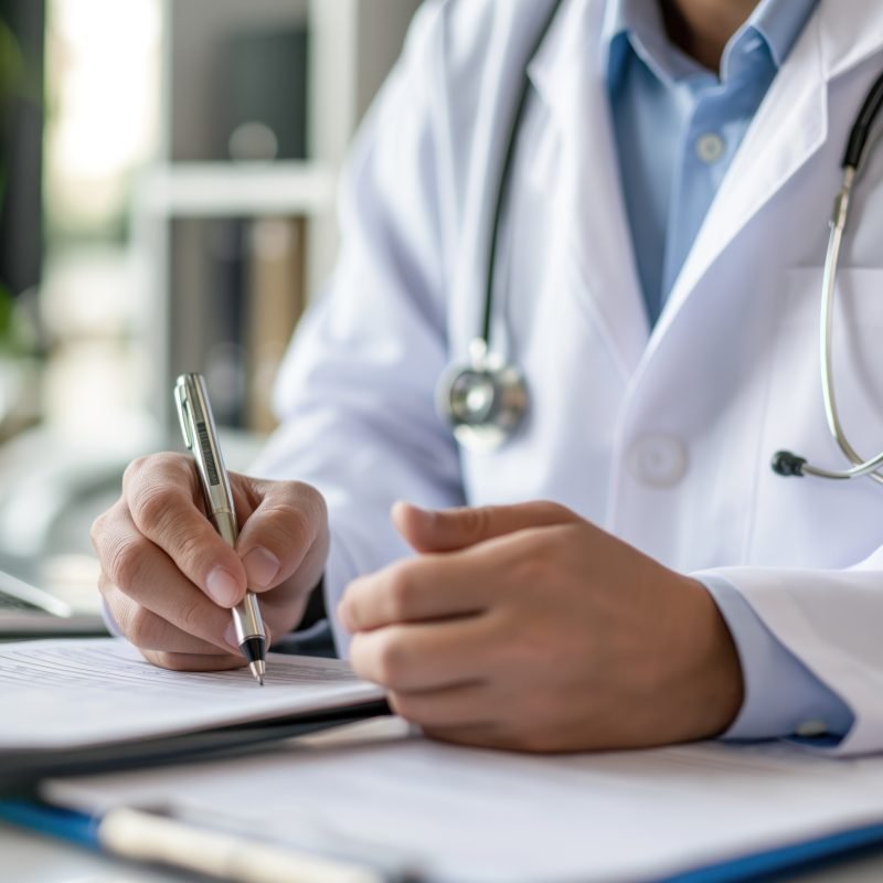 Um médico trabalhando em seu consultório.